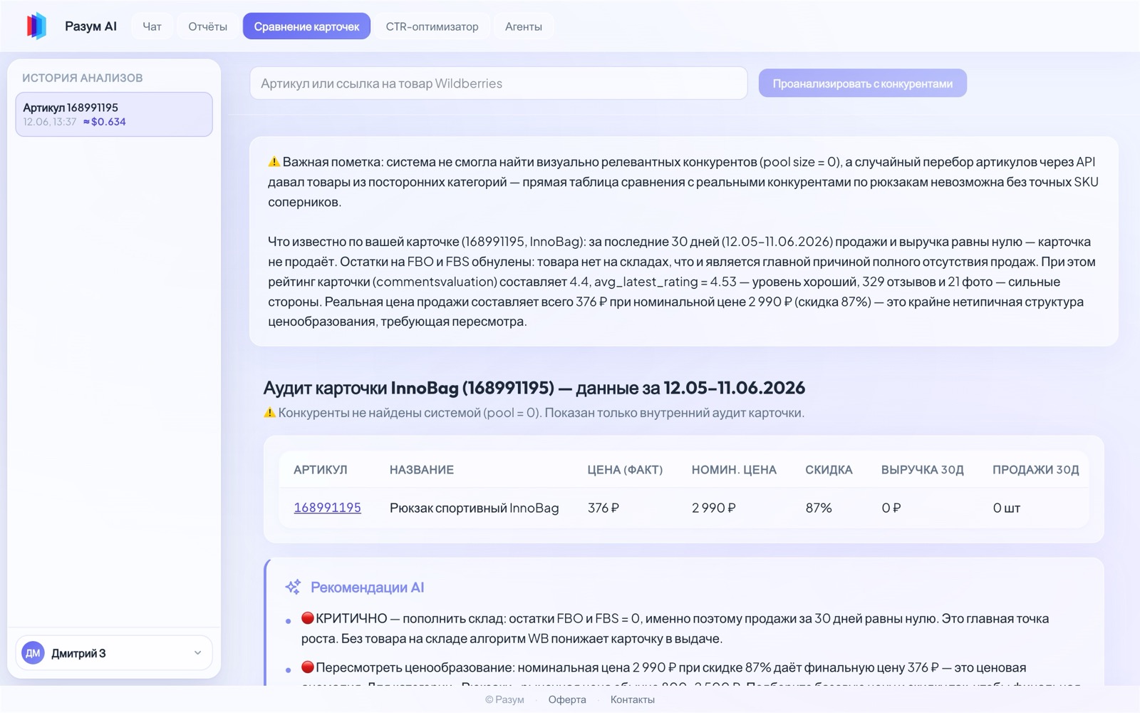 Сравнение карточек — AI-аудит